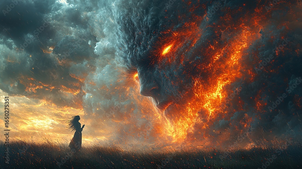 Fototapeta premium Ethereal Encounter Between a Figure and a Fiery Cloud Personification