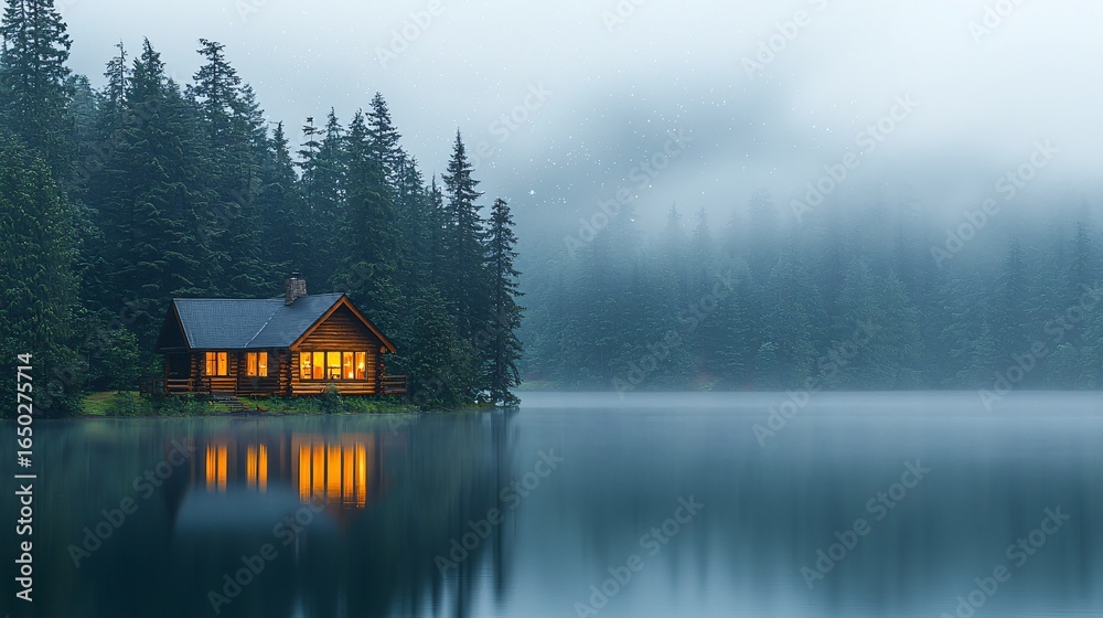 Fototapeta premium Serene Cabin Retreat by Misty Lake Surrounded by Lush Forests