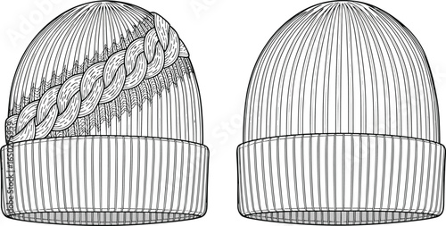 Knit Winter Hat Design, Black and White Vector Illustration, Cable Knit Pattern, Beanie Sketch, Warm Headwear, Cold Weather Fashion, Seasonal Clothing, Men Women Wear, Casual Style, Winter Accessories