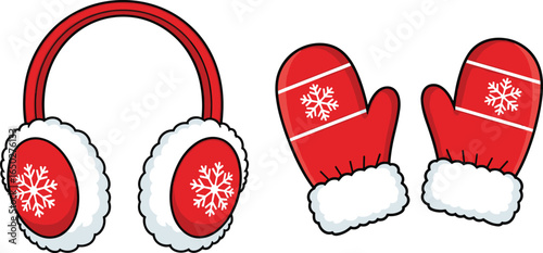 Red Winter Ear Muffs, Snowflake Design, Fuzzy Winter Gloves, Holiday Accessories, Christmas Theme, Cold Weather Gear, Kids and Adult Wear, Vector Illustration, Cozy Winter Fashion, Festive Style, Seas