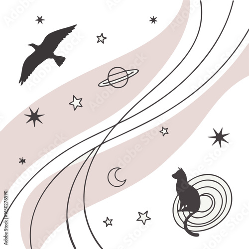 Bird and Cat in Cosmic Design with Saturn and Stars - Whimsical Space Art