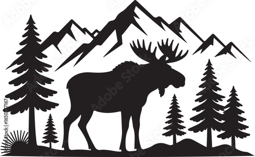 Black silhouette of a moose standing in a forest with mountains and pine trees animal wildlife