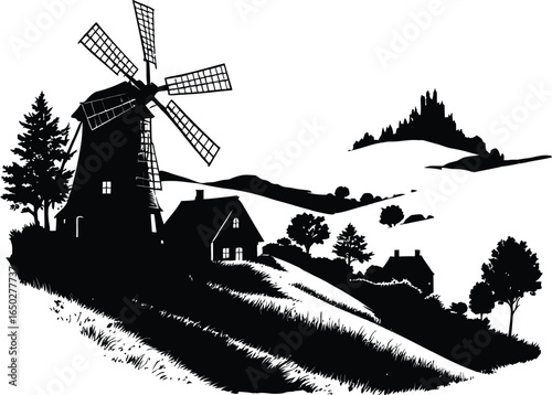 Black and white vector illustration of windmill landscape rural scenery silhouette countryside scene