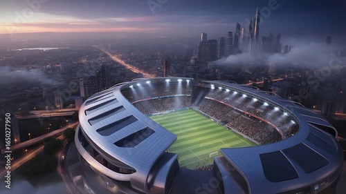 Futuristic Stadium Night Soccer Final with City Lights Panoramic View
