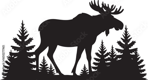 Silhouette of a large moose standing among pine trees moose silhouette elk silhouette