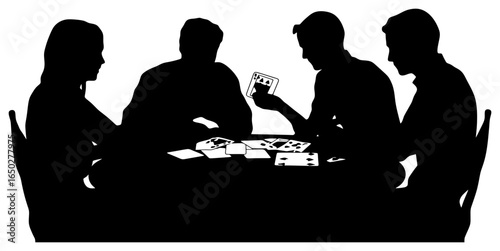 Silhouette of Group of Four People Playing Cards on a Table