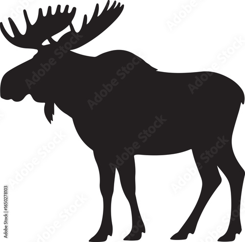 Black silhouette of a large male moose with large antlers standing moose silhouette elk silhouette