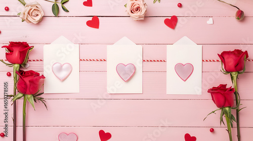 Elegant Valentine's Day cards with roses and hearts on pink wood background