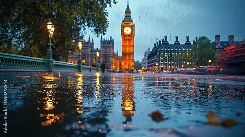 Reflections of Big Ben and Westminster in Rainy London Evening