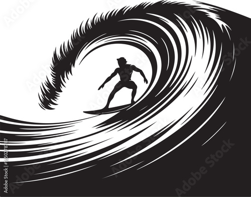 Dynamic surfer rides powerful ocean wave in silhouette