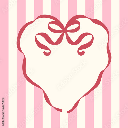 Romantic heart frame with ribbon bow on a pink striped background. Elegant flat illustration for greeting cards, love messages, wedding invitations, or Valentines Day decoration