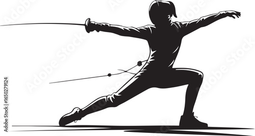 Dynamic fencer lunges aggressively in silhouette pose