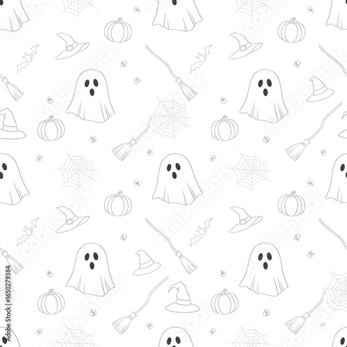 Seamless Halloween pattern with ghosts, pumpkins, witch hats, brooms, bats, spiders, and cobwebs in black and white outline style, perfect for coloring pages, textiles, wallpapers, wrapping paper