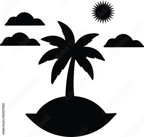 Tropical Island Silhouette with Palm Tree and Sun
