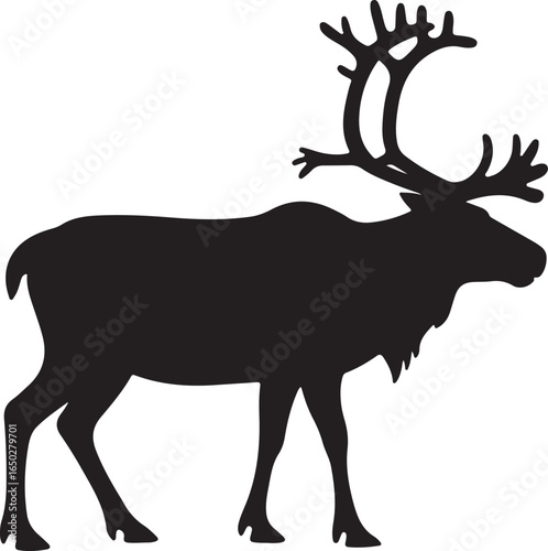 Black Silhouette of a Reindeer with Large Antlers on White Background caribou animal