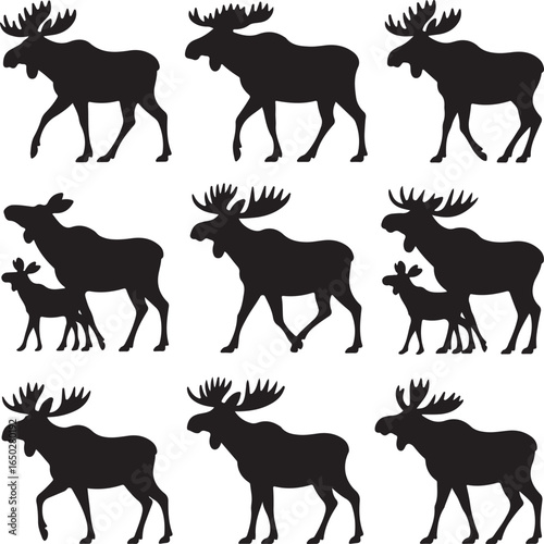 Nine black silhouettes of moose and calves walking on a white background animal wildlife