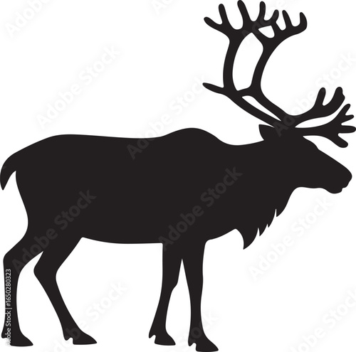 Silhouette of a male reindeer with large antlers on a white background caribou animal