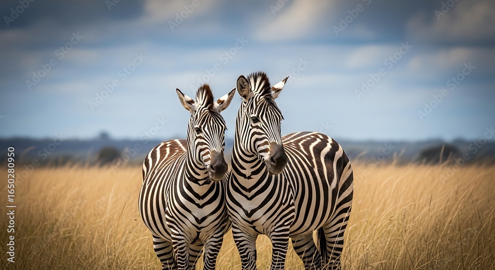 Fototapeta premium Two Zebras Standing Together on a Grassy Plain.