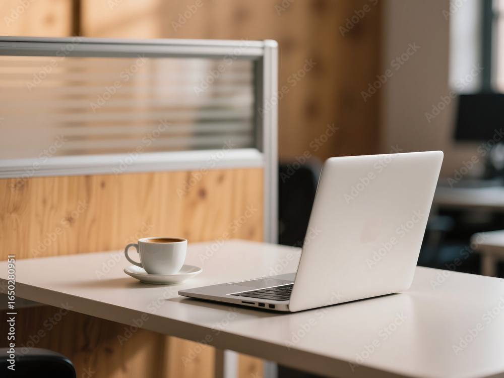 Obraz premium Minimalist office setup with a silver laptop and a cup of black coffee placed on a clean desk in a modern open workspace. Perfect for themes related to business, productivity, remote work, online