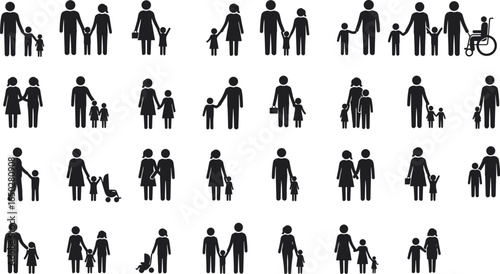  Diverse Family and People Icon Set A Comprehensive Collection of Flat Vector Illustrations Representing Parenthood, Love, and Relationships