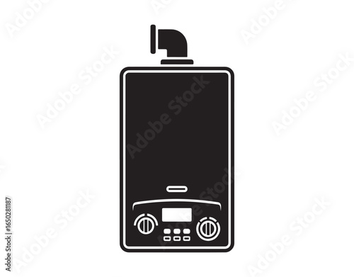 Icon of a wall-mounted gas boiler. It's a black silhouette. Shown from a vertical front view. A simple flat graphic illustration in vector format. An isolated object against a white background. Isolat