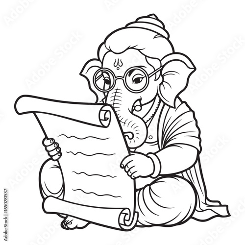 Cartoon ganesha reading scroll with glasses outline image coloring page