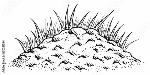 Vector illustration of a grassy mound with blades of grass growing on top in a black and white drawing style