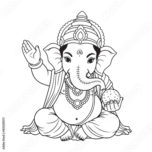 Cartoon ganesha sitting with sweet ball black and white art coloring page