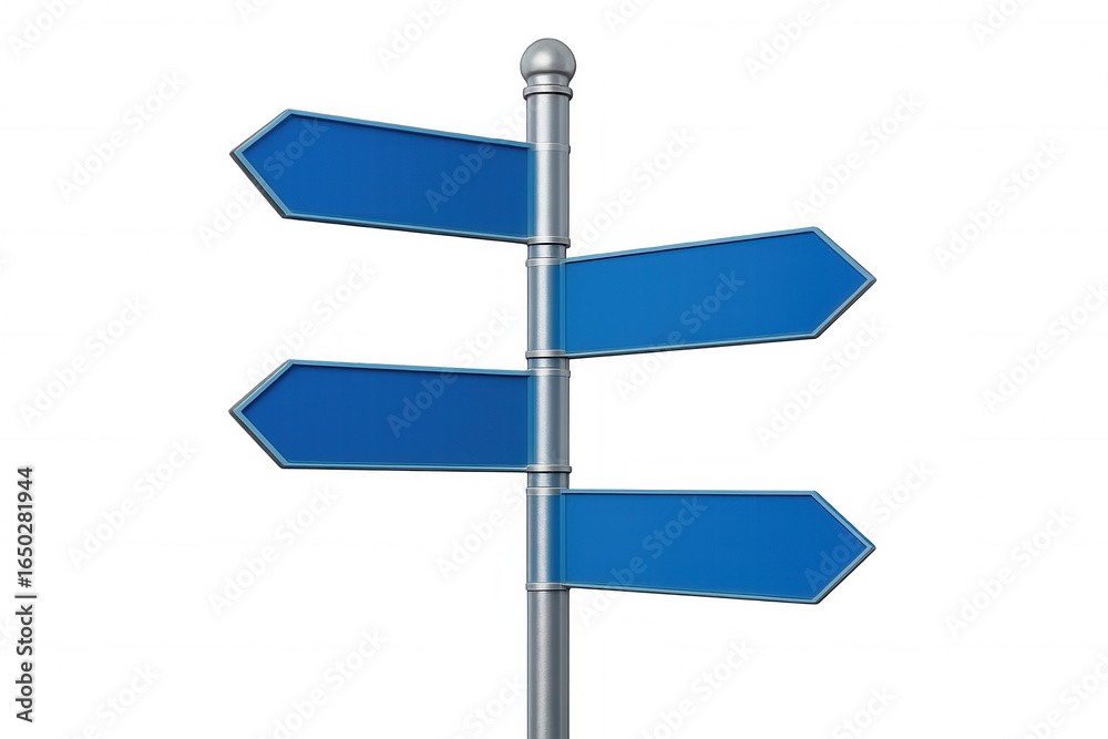 Blue directional arrow signs mounted on metal pole, pointing different ways, providing clear navigation guidance against transparent background Blue directional arrow signs mounted on metal pole, pointing different ways, providing clear navigation guidance against transparent background