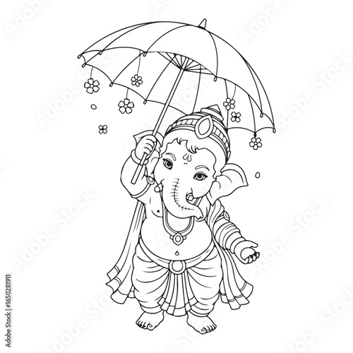 Ganesha holding an umbrella with flower decorations line art coloring page