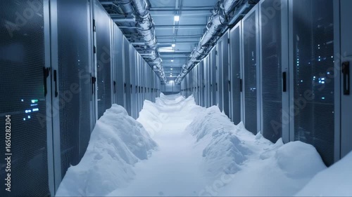 Snow accumulation in a data center corridor during a winter storm late at night