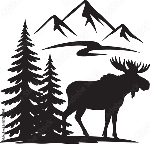 Silhouette of a moose standing near pine trees and mountains on white animal wildlife