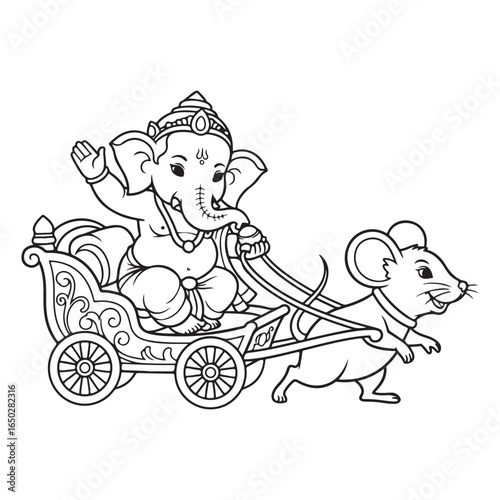 Ganesha riding a chariot pulled by a mouse outline drawing coloring page