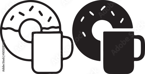 Donut and Coffee Mug Icon: Vector Symbol, Isolated Background, Minimalist Style, Black and White Design.
