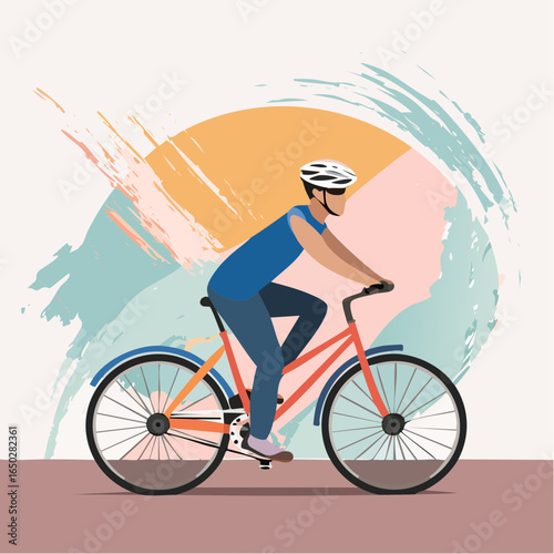 Soft brush-painted mural behind a cyclist in motion