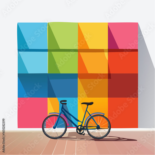 A long bike shadow travels past a vivid wall of color blocks