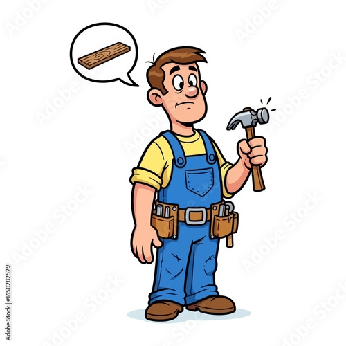 Handy Craftsman Contemplating Task: A skilled carpenter, clad in work overalls, holds a hammer and contemplates a wooden plank, showcasing a moment of professional deliberation and focused thought.