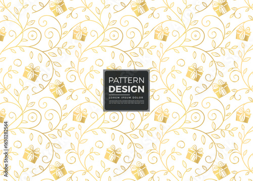 Elegant Gold Gift Box and Foliage Pattern on White Background Decorative Festive Design for Wrapping Paper or Celebratory Invitations