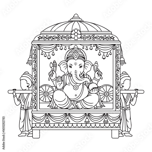 Line art of ganesha on a palanquin carried by two people coloring page