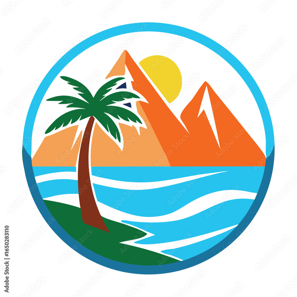 Fototapeta premium Palm Tree and Mountain Sunset Badge