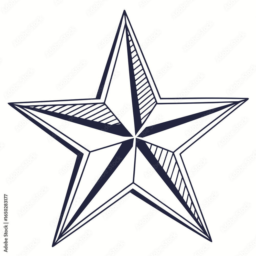 Obraz premium A stylized nautical star compass rose design with bold dark blue outlines and hatching detail