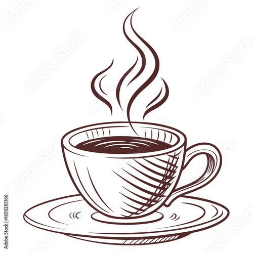 A simple line drawing of a steaming cup of coffee on a saucer with a white background