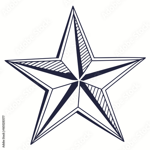A stylized nautical star compass rose design with bold dark blue outlines and hatching detail