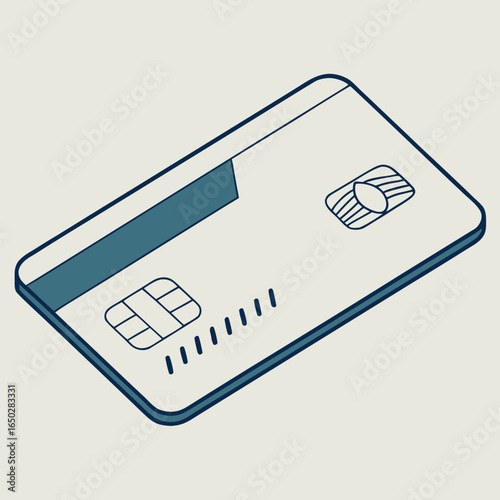 Modern isometric illustration of a credit card with chip and magnetic stripe on a neutral background