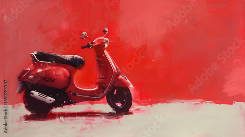 Vibrant red scooter parked against textured abstract red backdrop