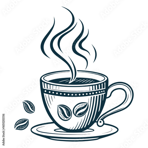 Stylized hand drawn cup of hot steaming coffee with coffee beans and saucer in dark blue ink