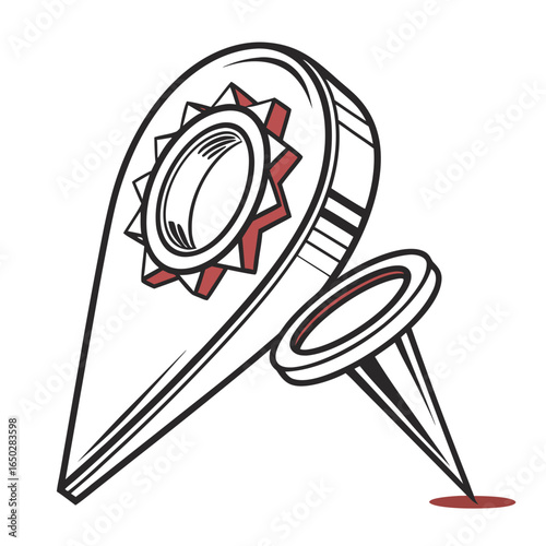 Stylized map location pin with a tack piercing the ground in a graphic design style