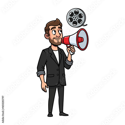 The Director's Vision: A film director animated, overseeing a movie, clutching a megaphone, signaling the start of the shoot, and dreaming of the movie film. 