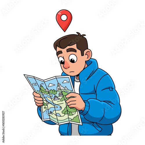Lost in Cartography: A bewildered individual, fixated on a map, struggles with a digital location marker, showcasing a sense of confusion and navigational challenge.