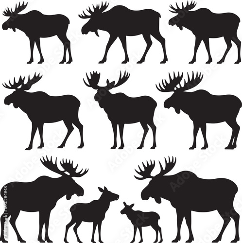 Collection of Nine Black Silhouette Moose Poses Including Calf and Adult deer animal